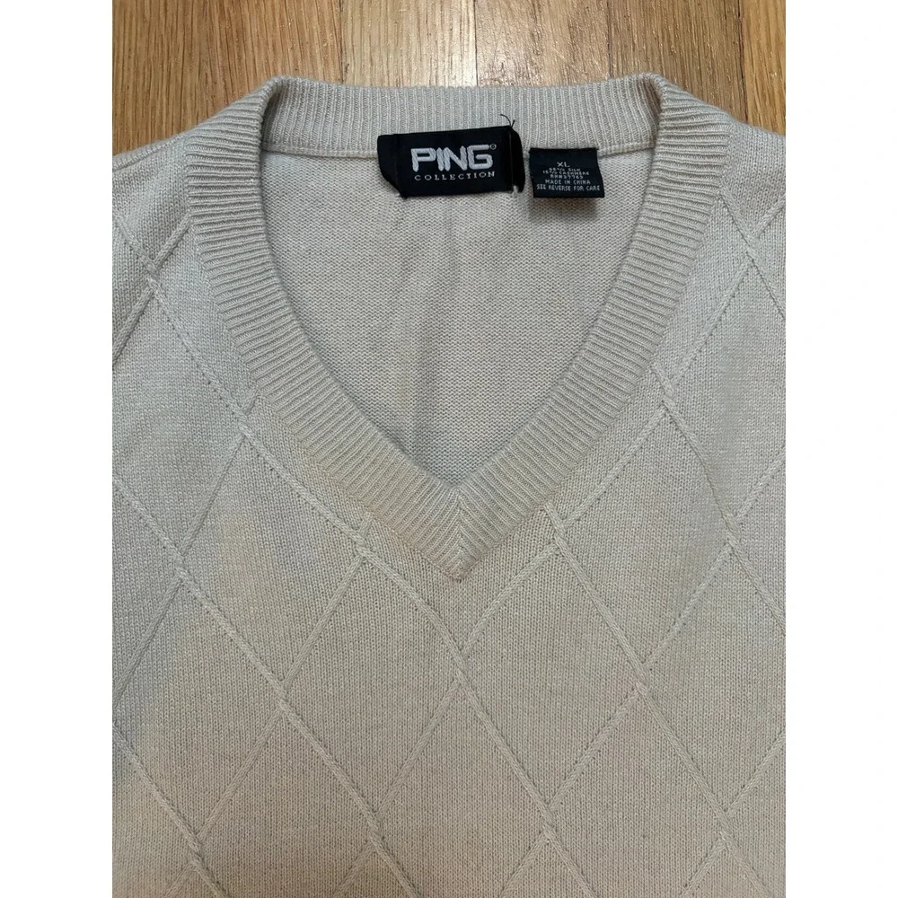 Ping Collection Silk Cashmere Sweater Vest Mens XL Cream Argyle V-Neck Golf